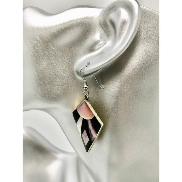 Sterling Silver, Black Onyx and Mother of Pearl Earrings - Picture 3 of 4